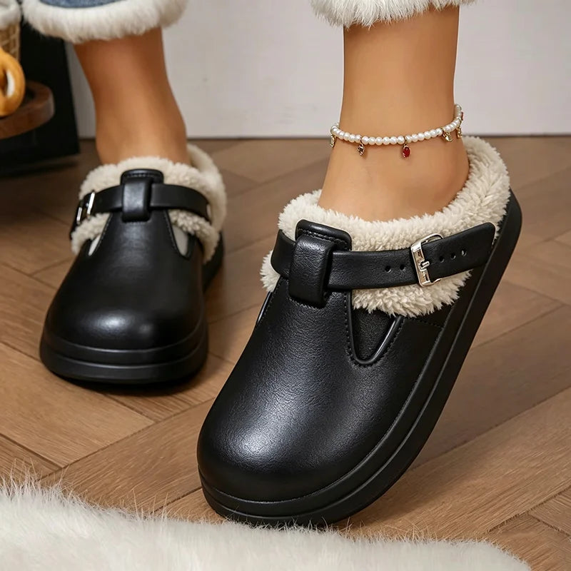 Furry EVA Mule Slippers for Women – Warm Waterproof Indoor Slides