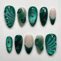 24Pcs Cool-Tone Green Press On Nails 3D Wavy French Cat Eye For Women Party Daily