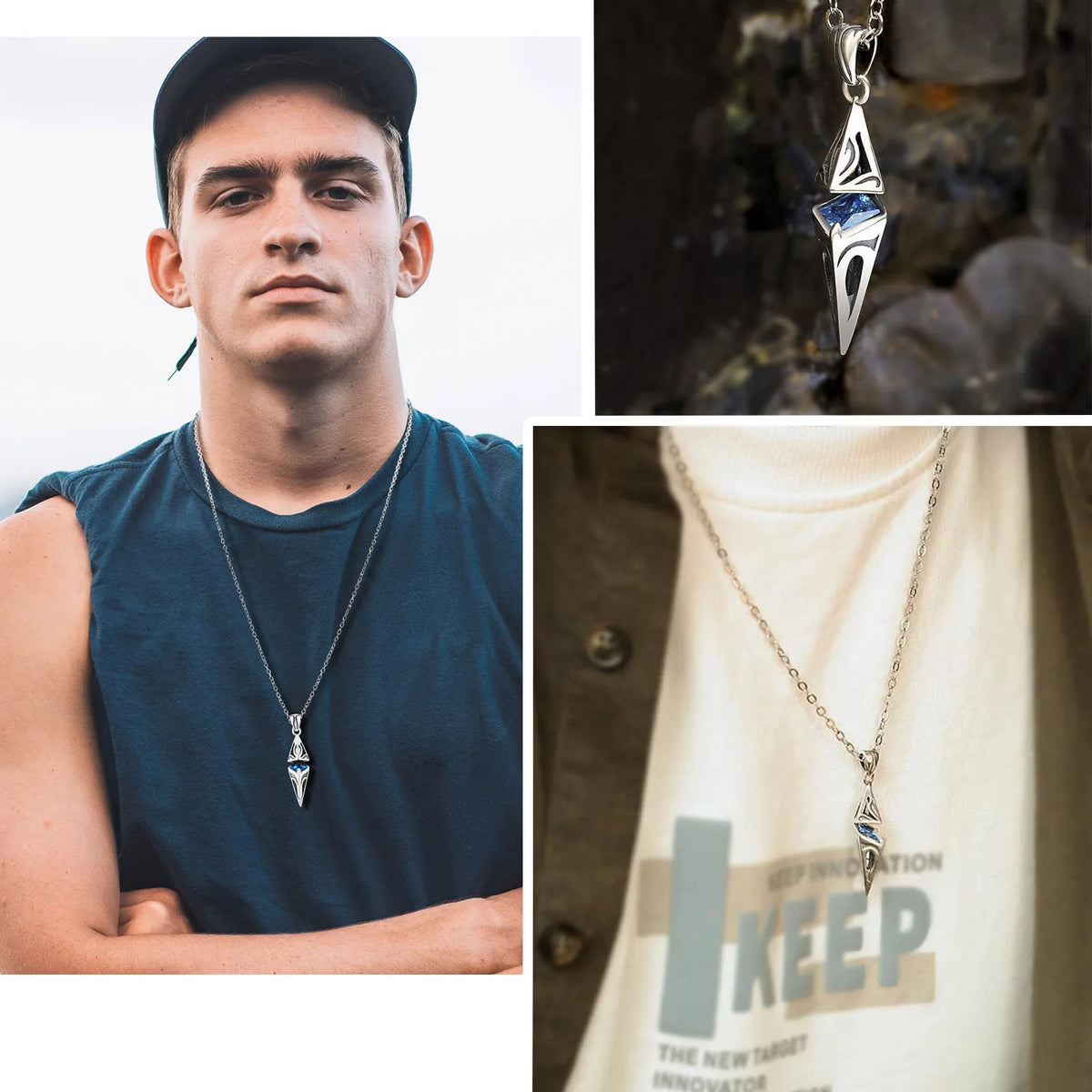 Men's Blue Stone Cube Pendant Necklace – Stainless Steel