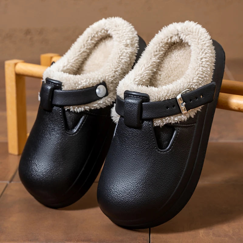 Furry EVA Mule Slippers for Women – Warm Waterproof Indoor Slides