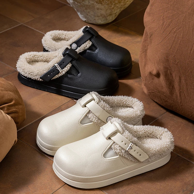 Furry EVA Mule Slippers for Women – Warm Waterproof Indoor Slides