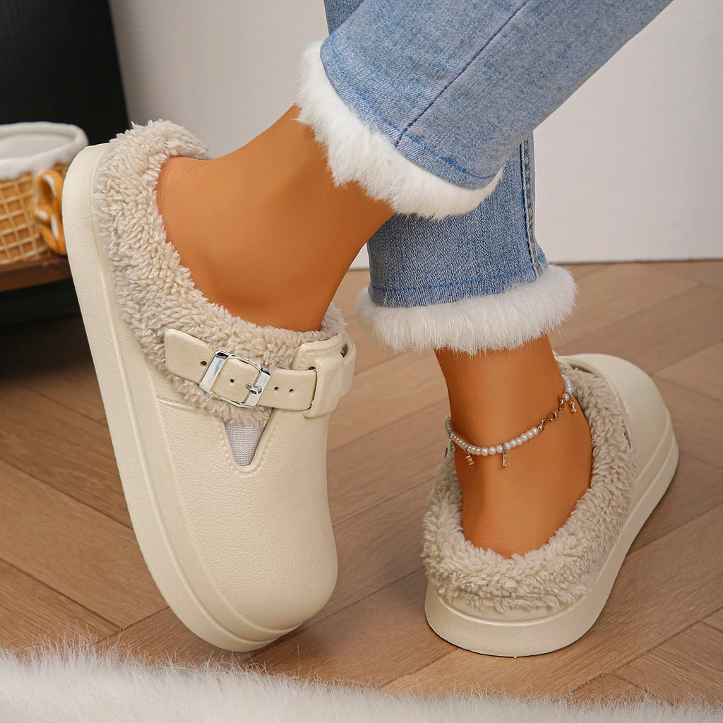 Furry EVA Mule Slippers for Women – Warm Waterproof Indoor Slides