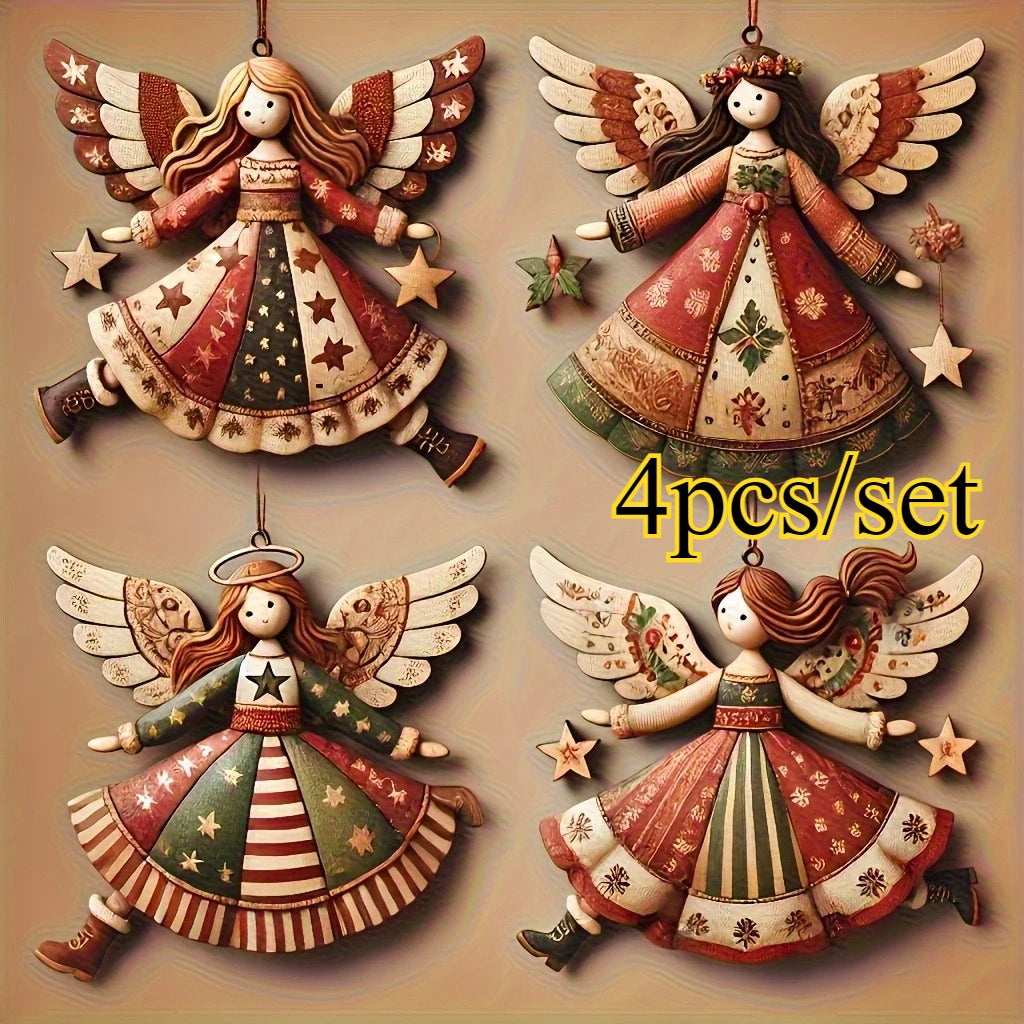 Vintage Wooden Angel Christmas Ornaments (4 pcs)