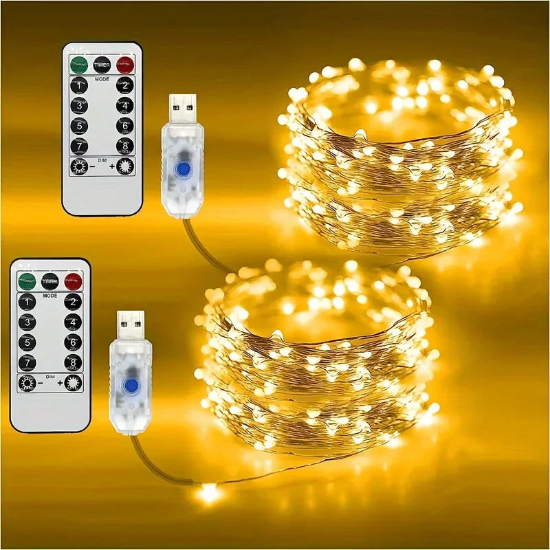 Copper Wire LED String Lights with Remote – 8 Modes, USB