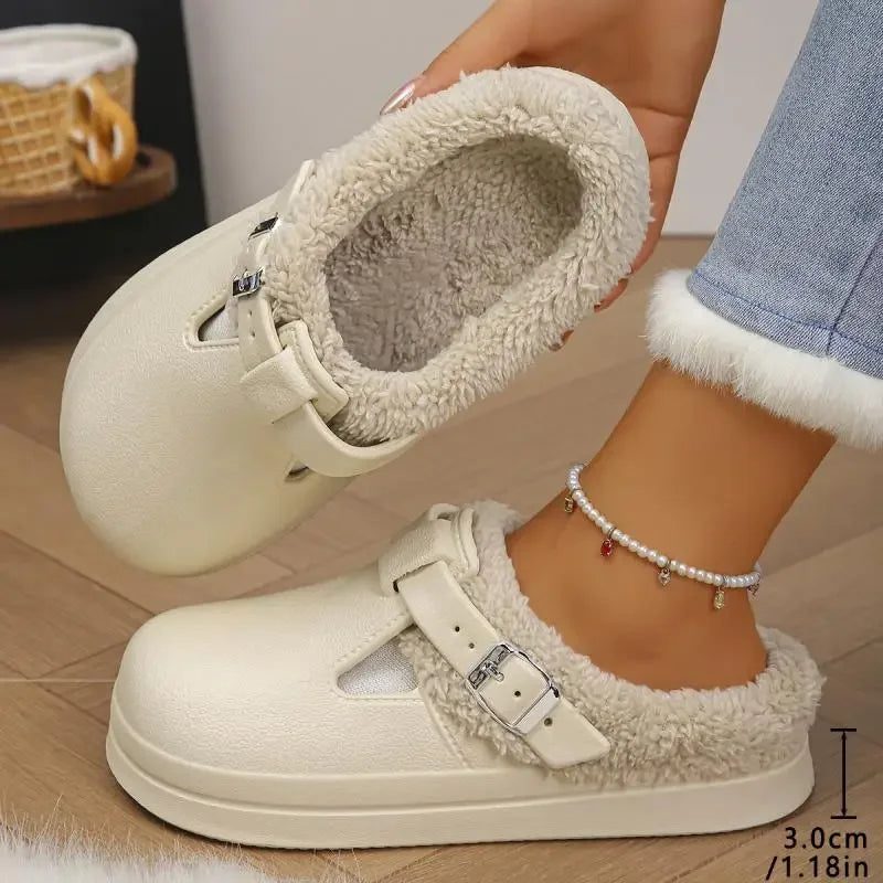 Furry EVA Mule Slippers for Women – Warm Waterproof Indoor Slides