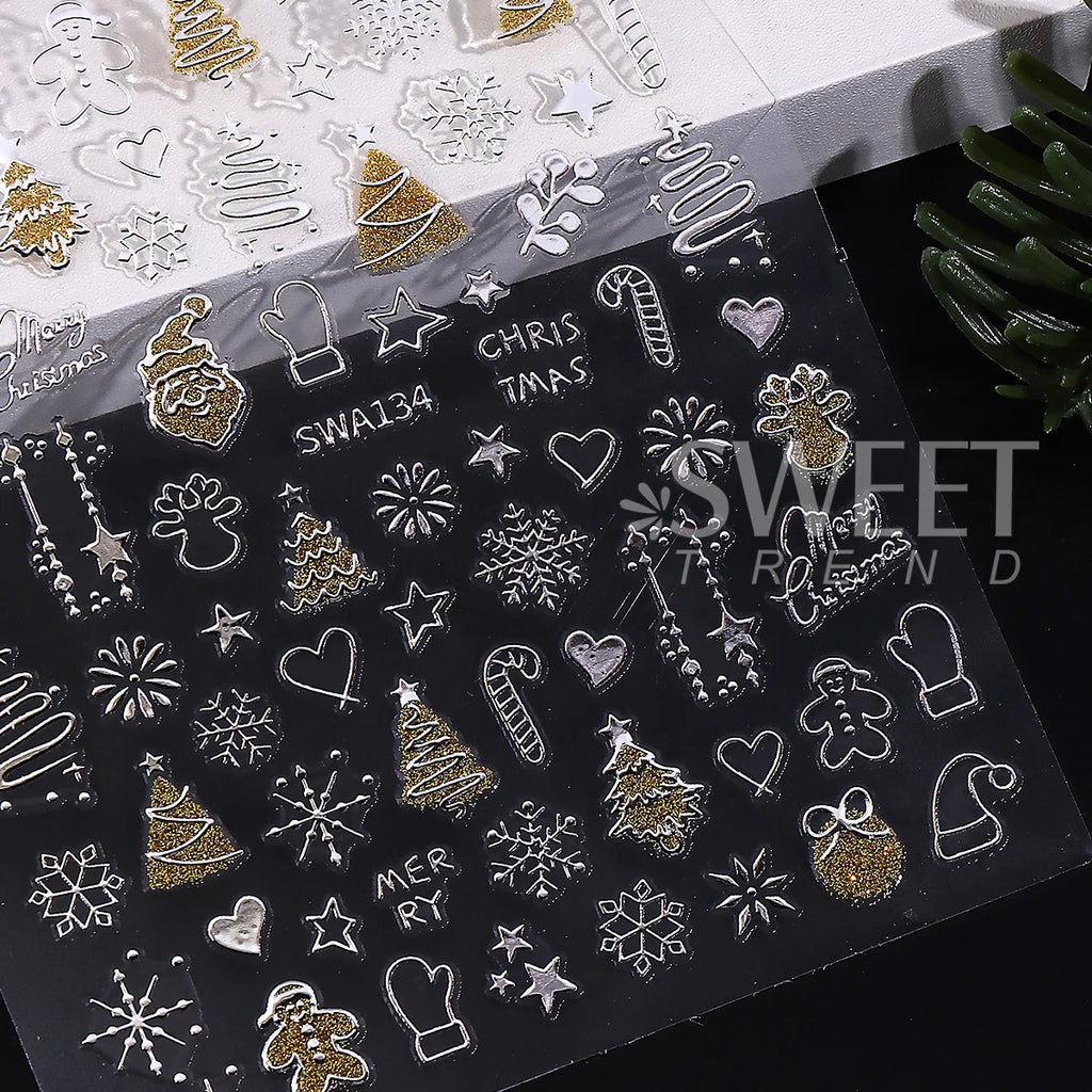 Christmas 3D Nail Art Stickers – Gold & Silver Glitter Decals