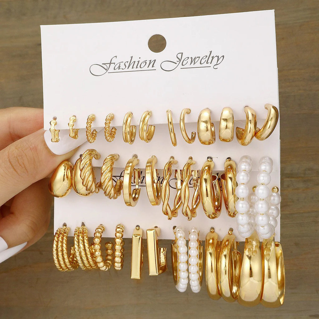 Geometric Hoop Earrings Set – Gold & Pearl Boho Style