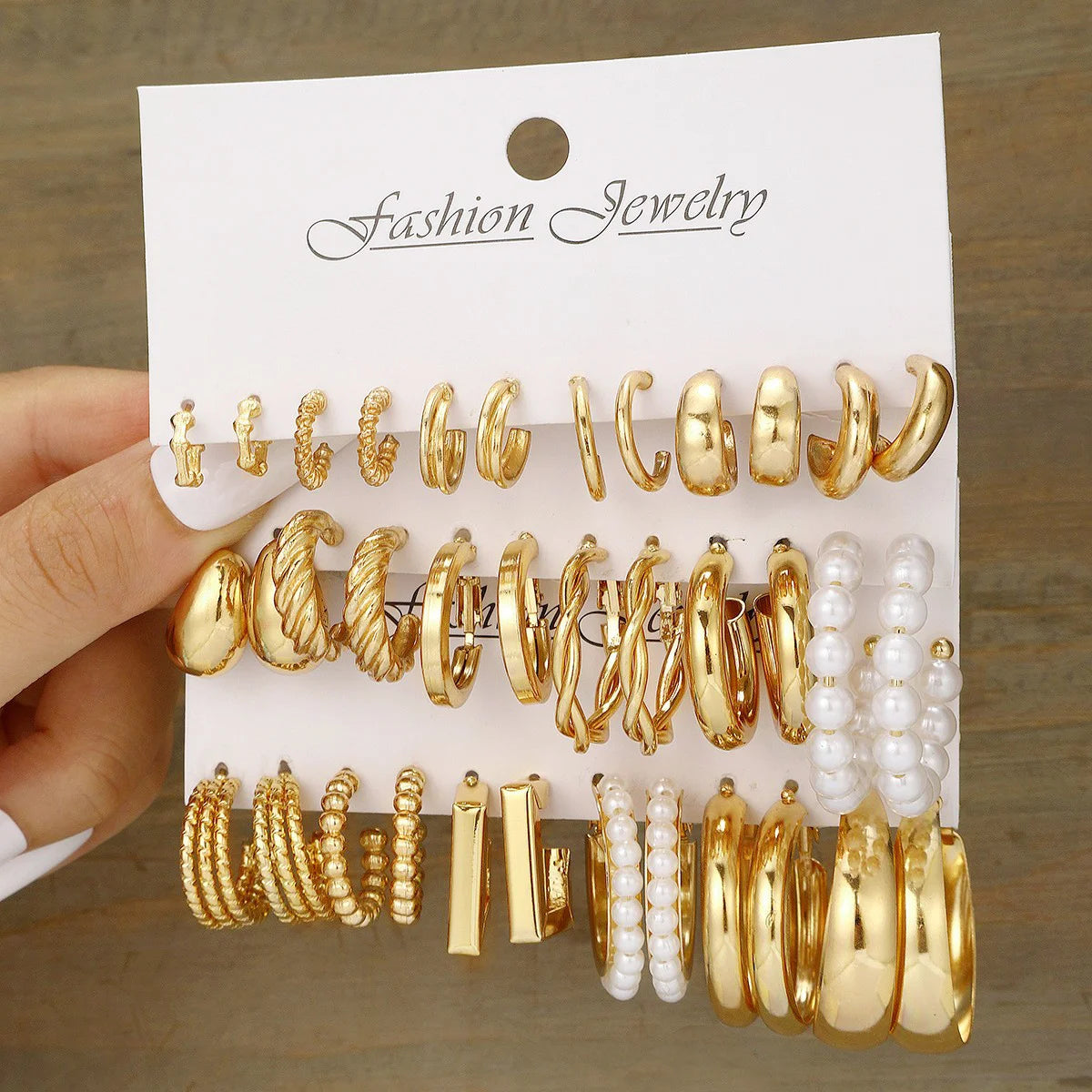 Geometric Hoop Earrings Set – Gold & Pearl Boho Style