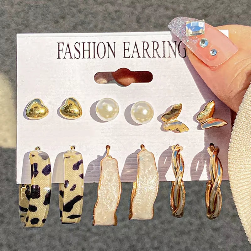Geometric Hoop Earrings Set – Gold & Pearl Boho Style