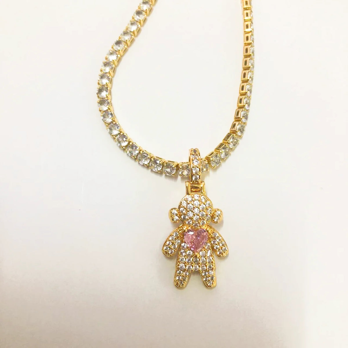 CZ Crystal Heart Charm Tennis Chain Necklace