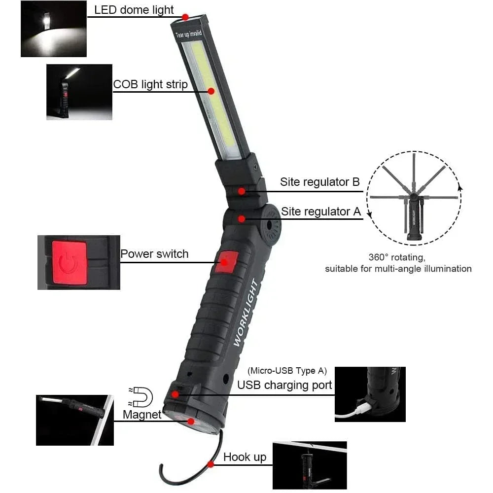 COB LED Work Light & Power Bank – Rechargeable Magnetic Flashlight