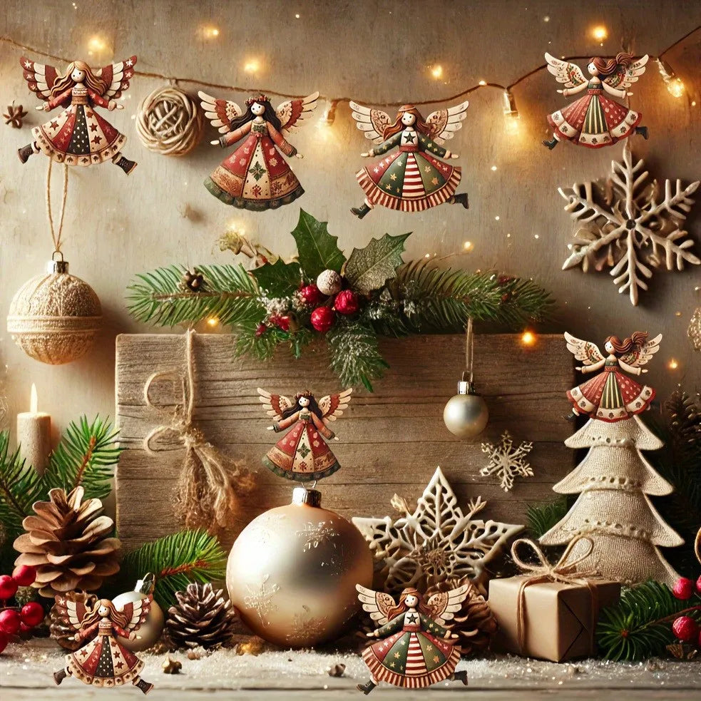 Vintage Wooden Angel Hanging Ornaments (4 pcs)