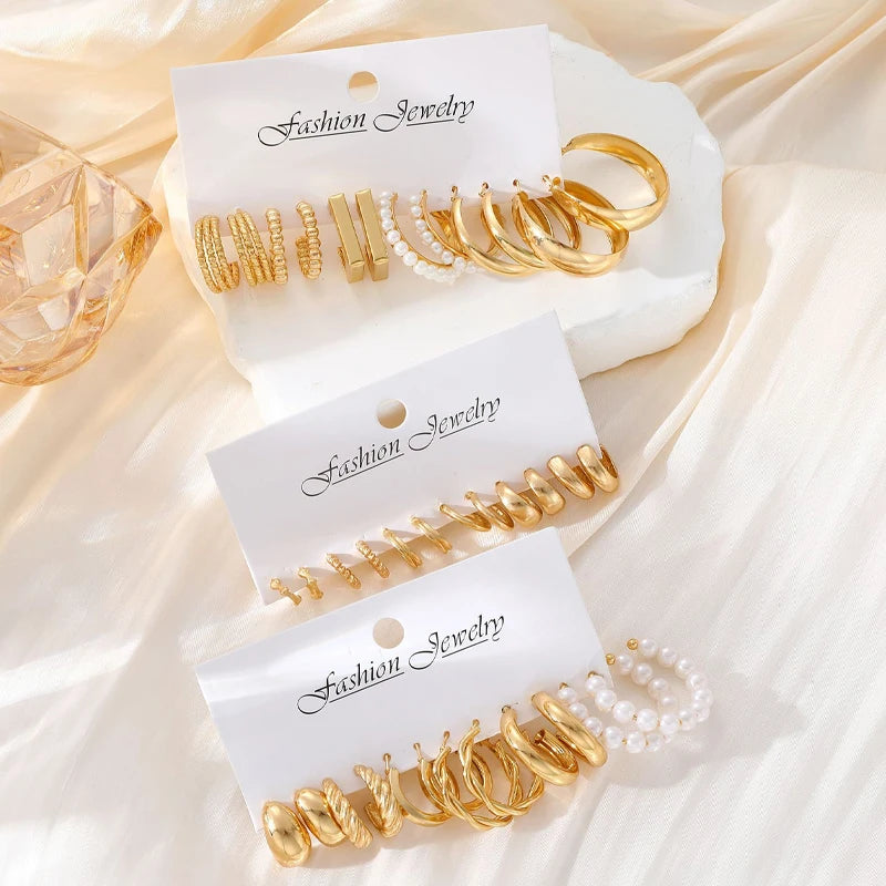 Geometric Hoop Earrings Set – Gold & Pearl Boho Style