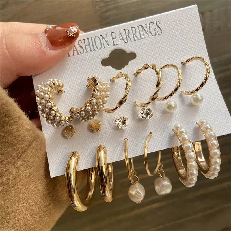 Geometric Hoop Earrings Set – Gold & Pearl Boho Style