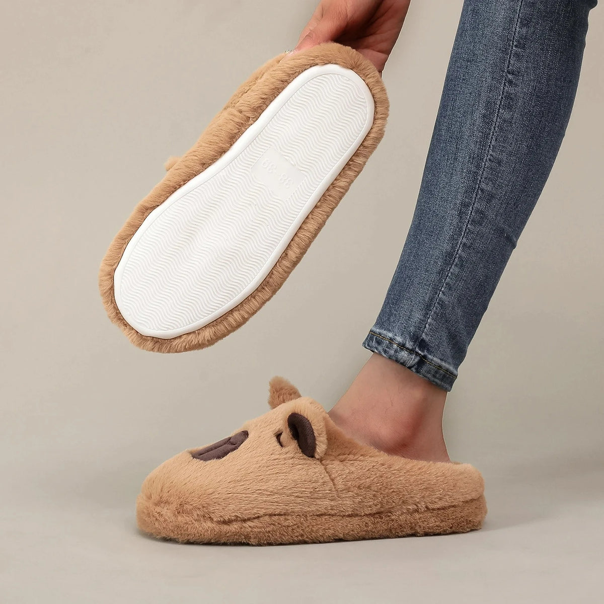 Plush Capybara Slippers – Cozy Furry House Shoes
