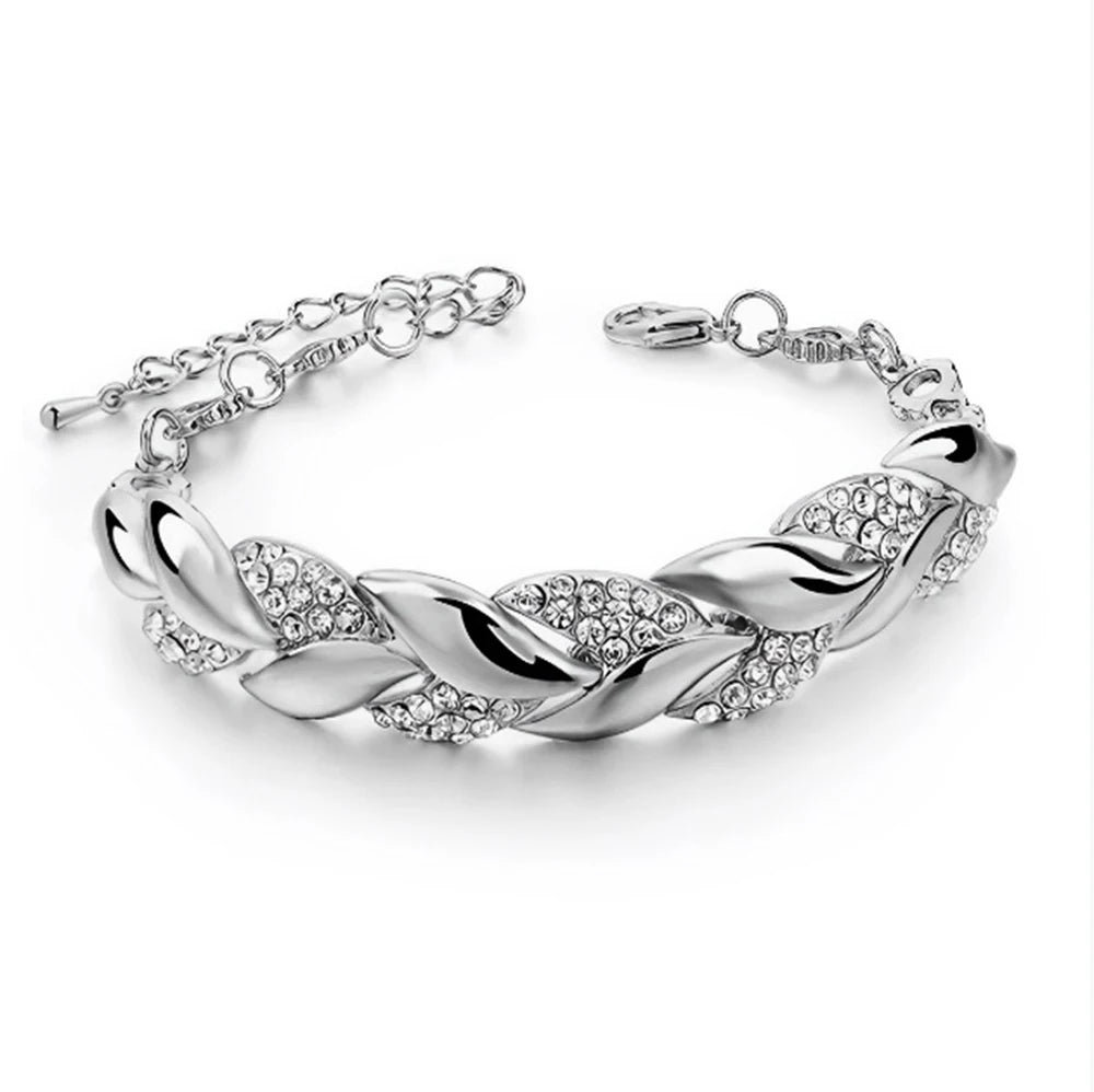 Crystal Braided Leaf Charm Bracelet for Women