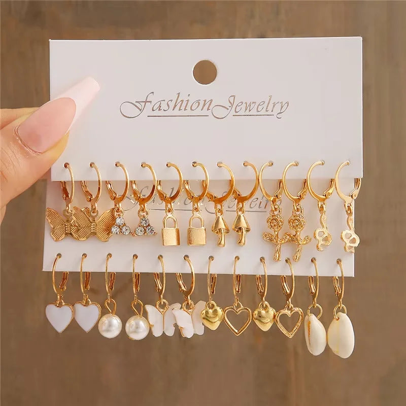 Geometric Hoop Earrings Set – Gold & Pearl Boho Style
