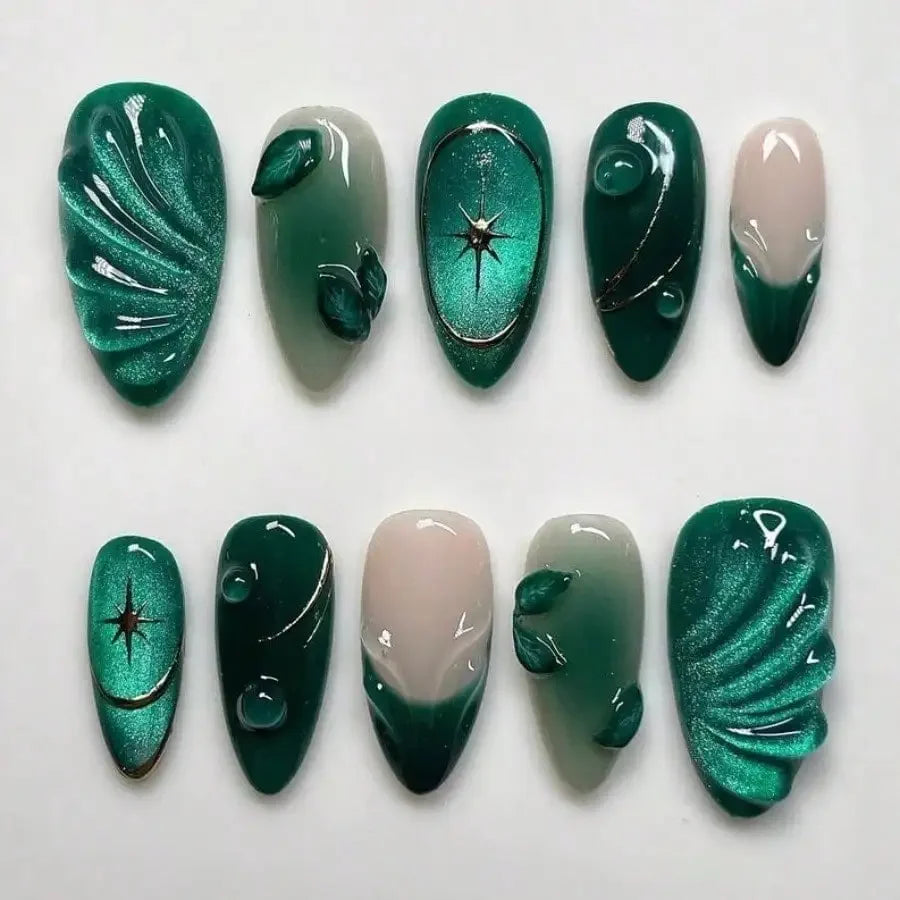 24Pcs Cool-Tone Green Press On Nails 3D Wavy French Cat Eye For Women Party Daily