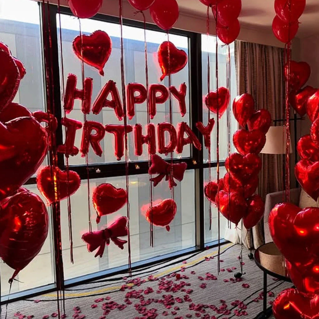 Red Heart Balloon Bouquet Set with Bow – Birthday & Valentine's Decor
