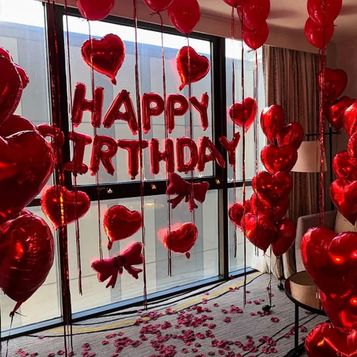 Red Heart Balloon Bouquet Set with Bow – Birthday & Valentine's Decor