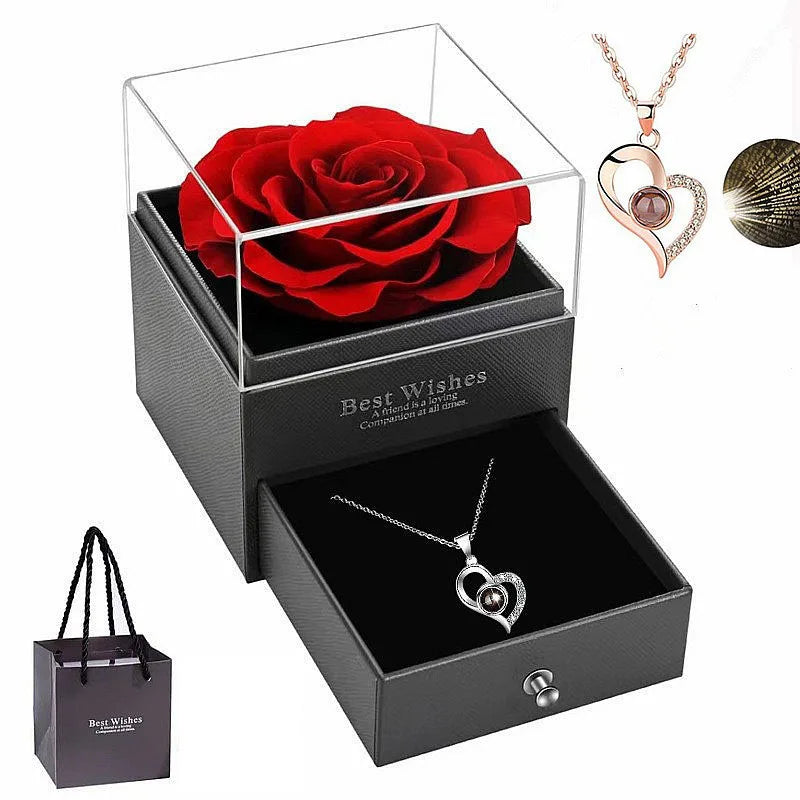 Red Rose Heart Necklace with Gift Box – Gift for Her