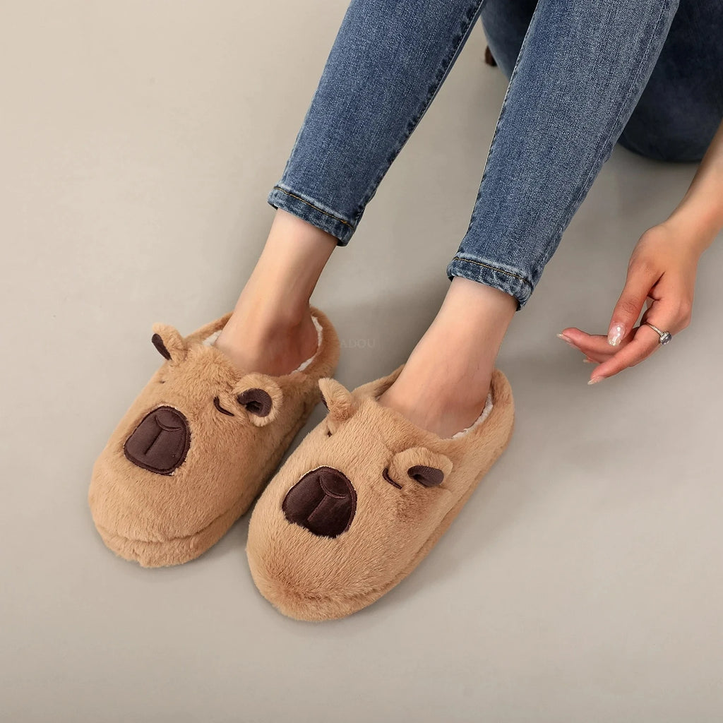 Plush Capybara Slippers – Cozy Furry House Shoes