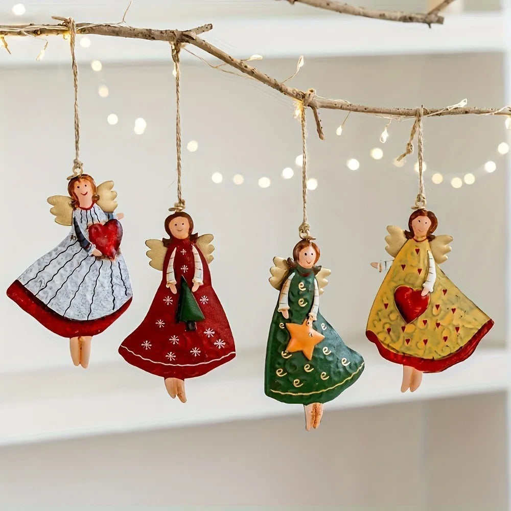 Vintage Wooden Angel Hanging Ornaments (4 pcs)