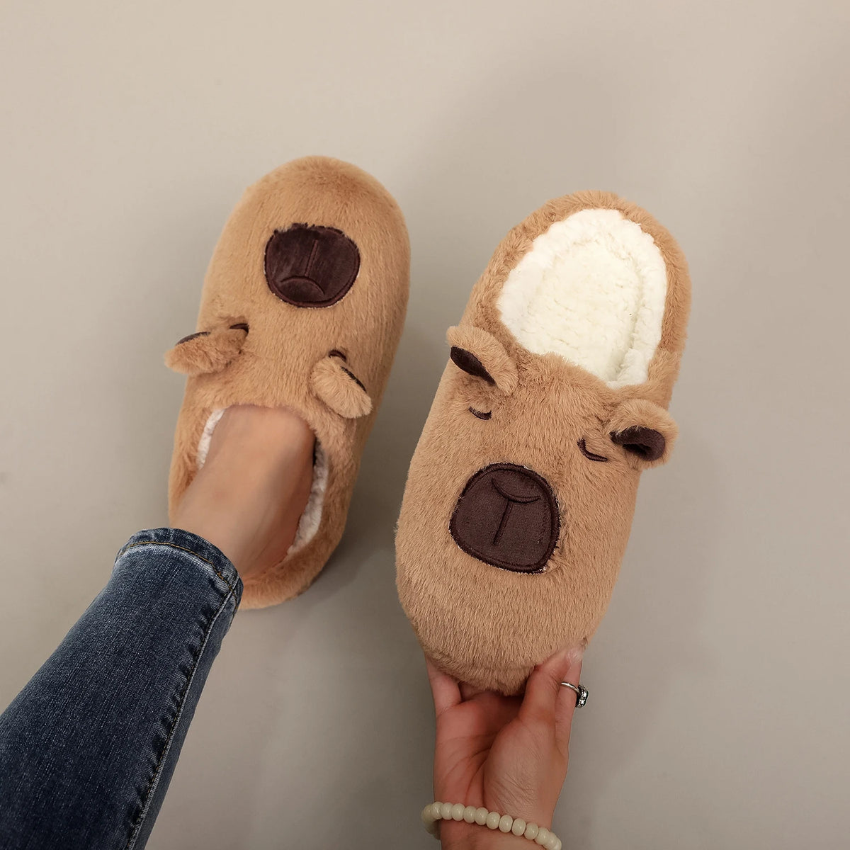 Plush Capybara Slippers – Cozy Furry House Shoes