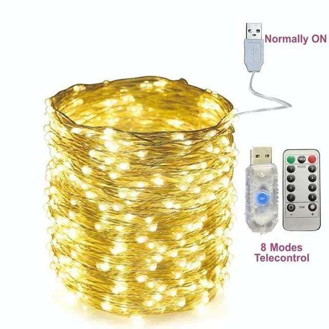Copper Wire LED String Lights with Remote – 8 Modes, USB