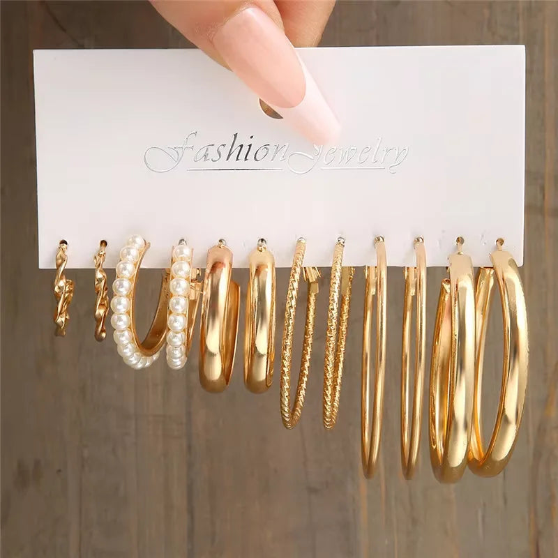 Geometric Hoop Earrings Set – Gold & Pearl Boho Style