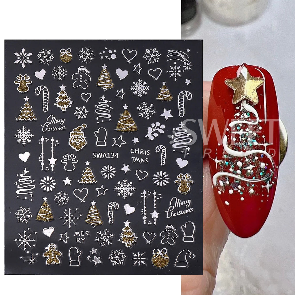 Christmas 3D Nail Art Stickers – Gold & Silver Glitter Decals