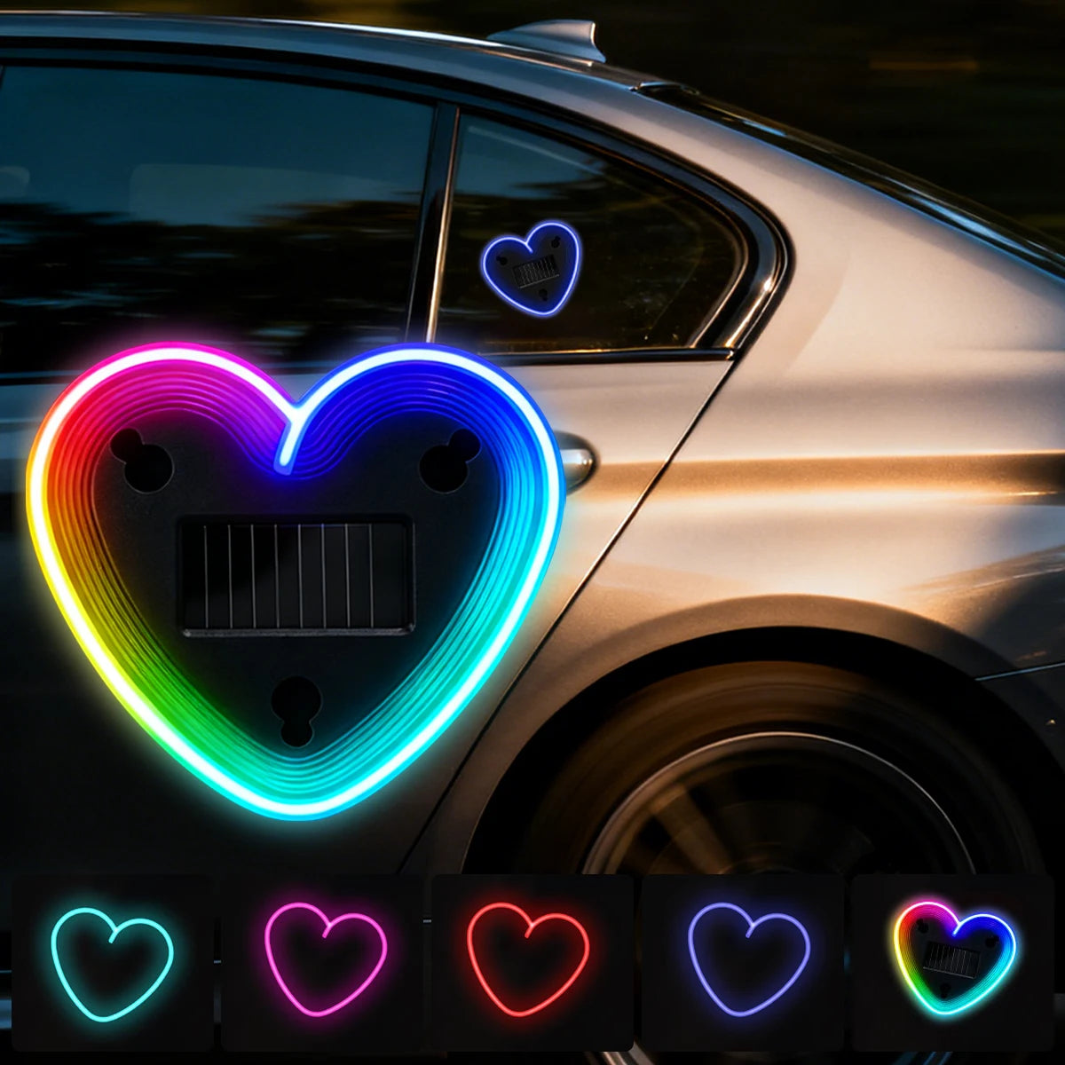 RGB Heart LED Car Ambient Light – Solar & USB Powered