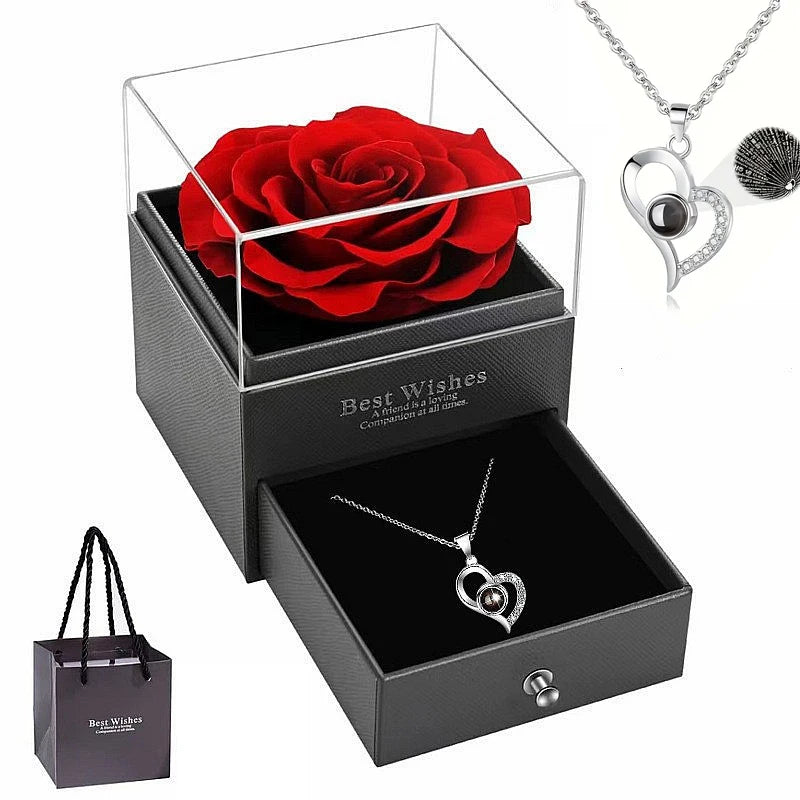 Red Rose Heart Necklace with Gift Box – Gift for Her