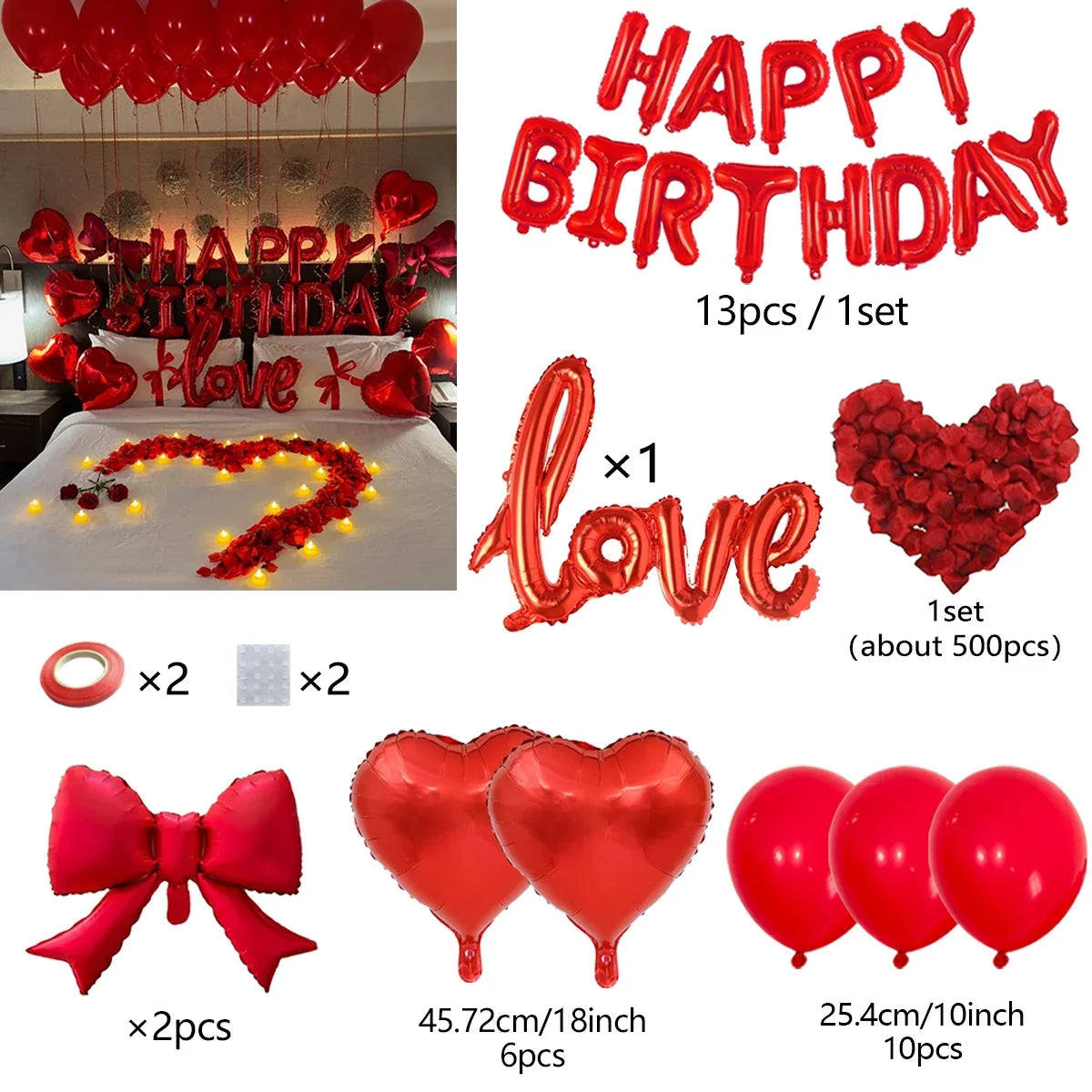 Red Heart Balloon Bouquet Set with Bow – Birthday & Valentine's Decor