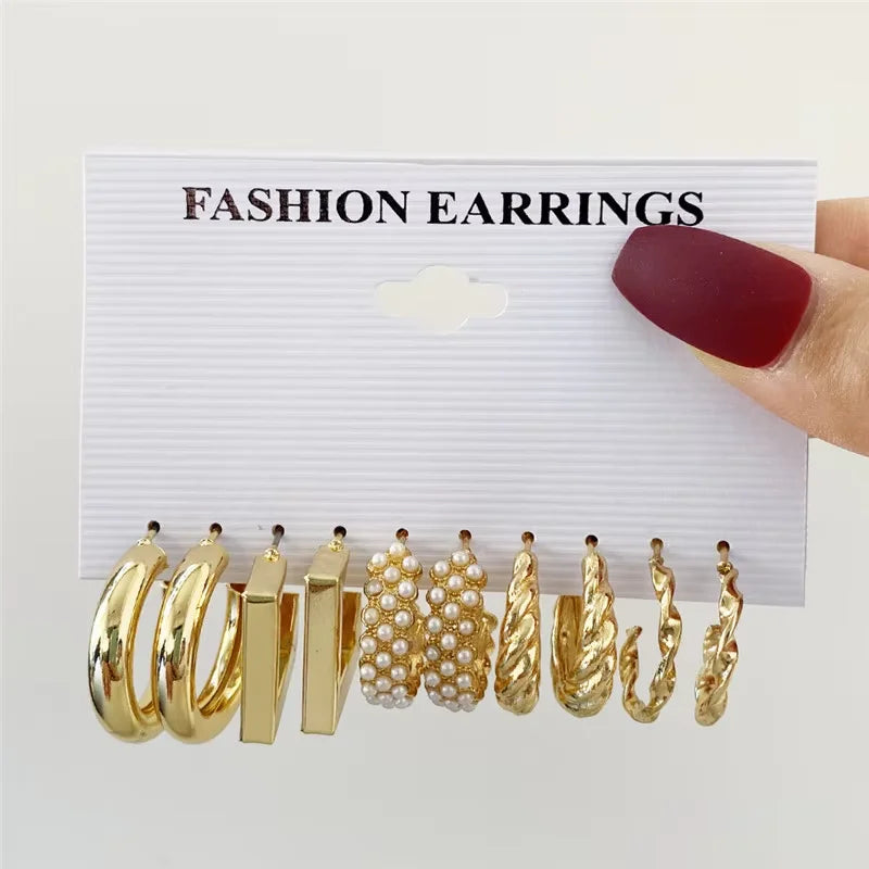 Geometric Hoop Earrings Set – Gold & Pearl Boho Style