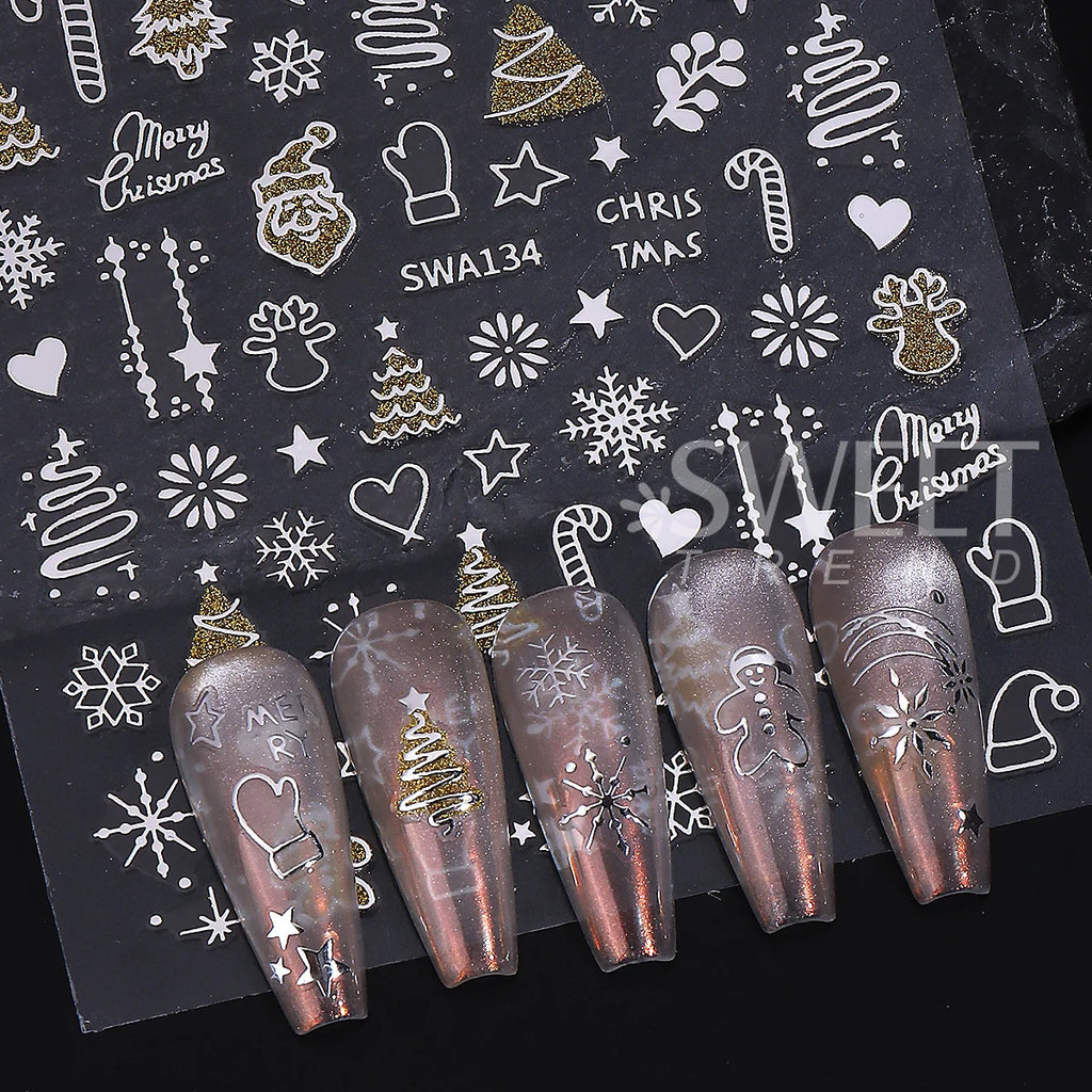 Christmas 3D Nail Art Stickers – Gold & Silver Glitter Decals