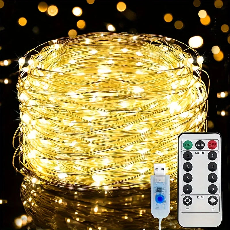 Copper Wire LED String Lights with Remote – 8 Modes, USB