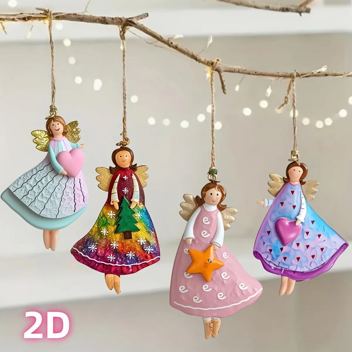 Vintage Wooden Angel Hanging Ornaments (4 pcs)