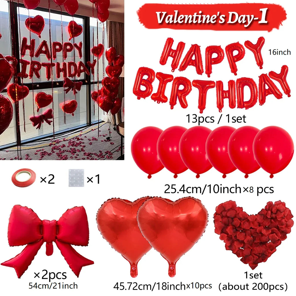 Red Heart Balloon Bouquet Set with Bow – Birthday & Valentine's Decor