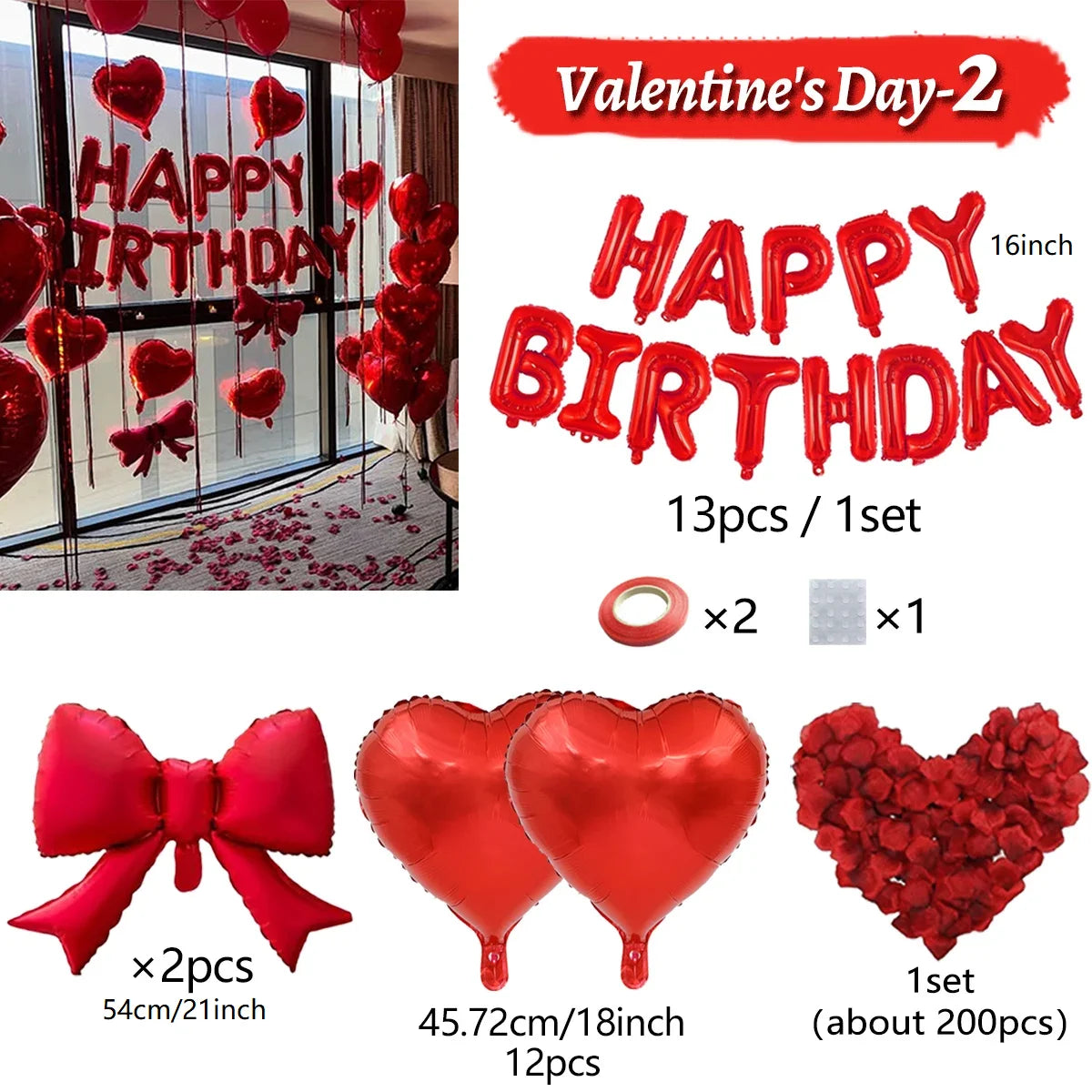 Red Heart Balloon Bouquet Set with Bow – Birthday & Valentine's Decor