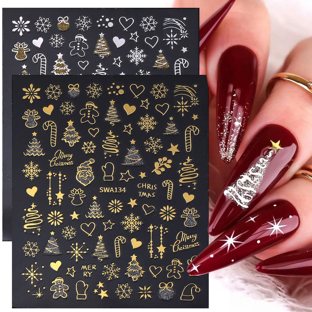 Christmas 3D Nail Art Stickers – Gold & Silver Glitter Decals
