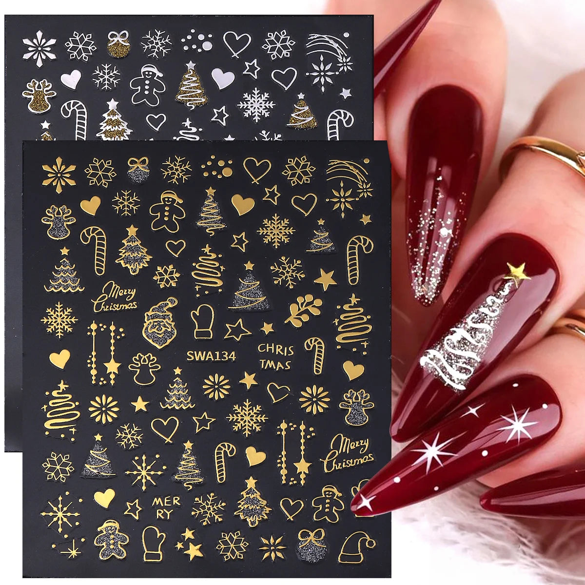 Christmas 3D Nail Art Stickers – Gold & Silver Glitter Decals