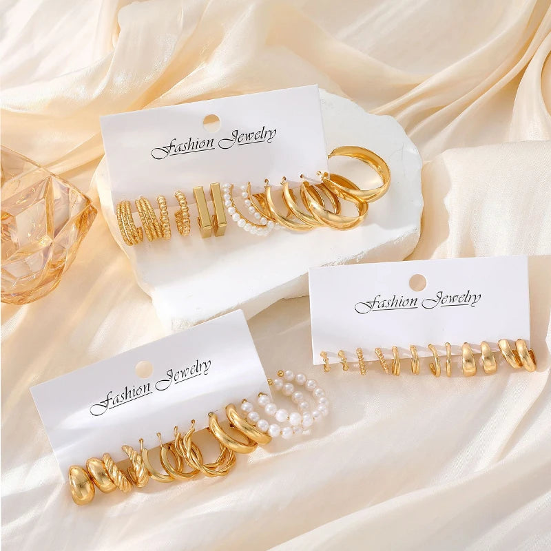 Geometric Hoop Earrings Set – Gold & Pearl Boho Style
