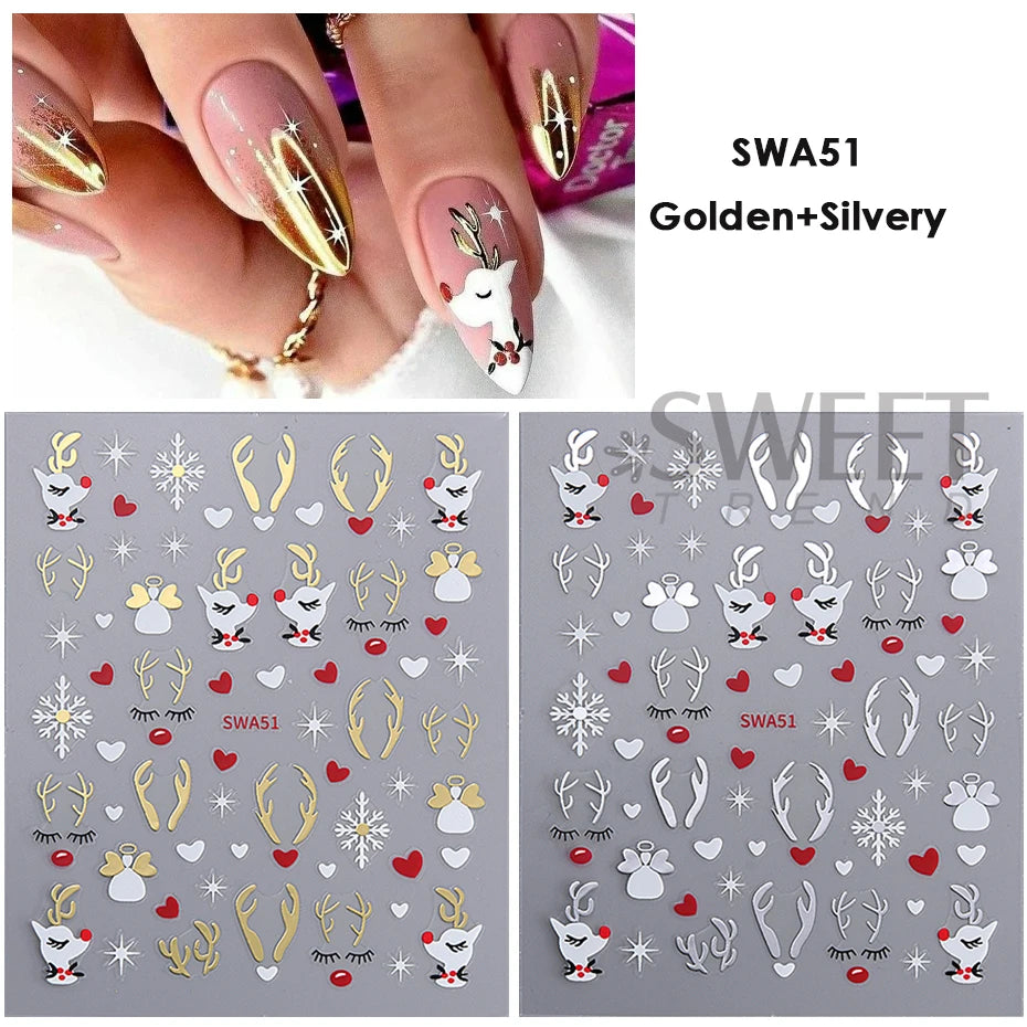 Christmas 3D Nail Art Stickers – Gold & Silver Glitter Decals