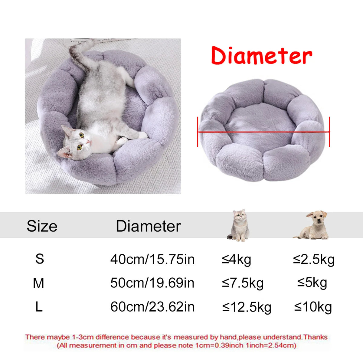 Round Plush Pet Bed 40–90 cm – Soft Warm Bed for Dogs & Cats