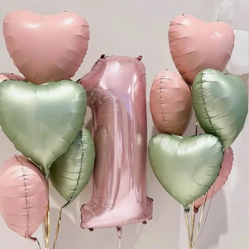Heart Foil Balloons 18" (10 pcs) – Pink & Sage Green