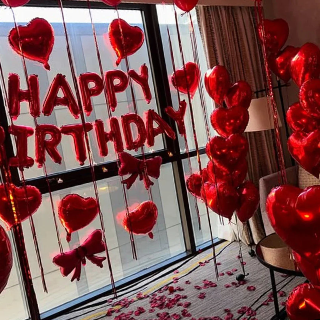 Red Heart Balloon Bouquet Set with Bow – Birthday & Valentine's Decor
