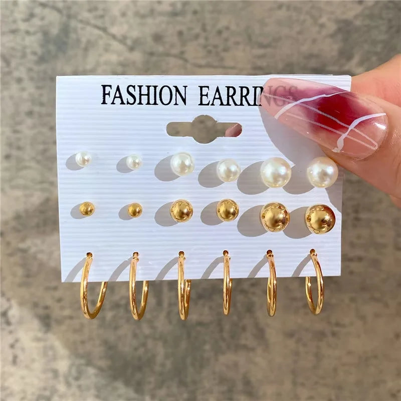 Geometric Hoop Earrings Set – Gold & Pearl Boho Style
