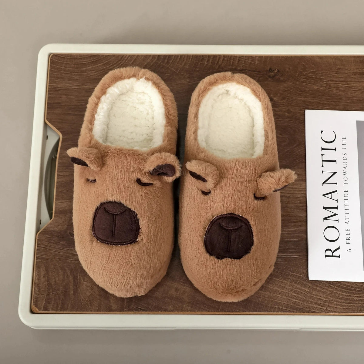 Plush Capybara Slippers – Cozy Furry House Shoes