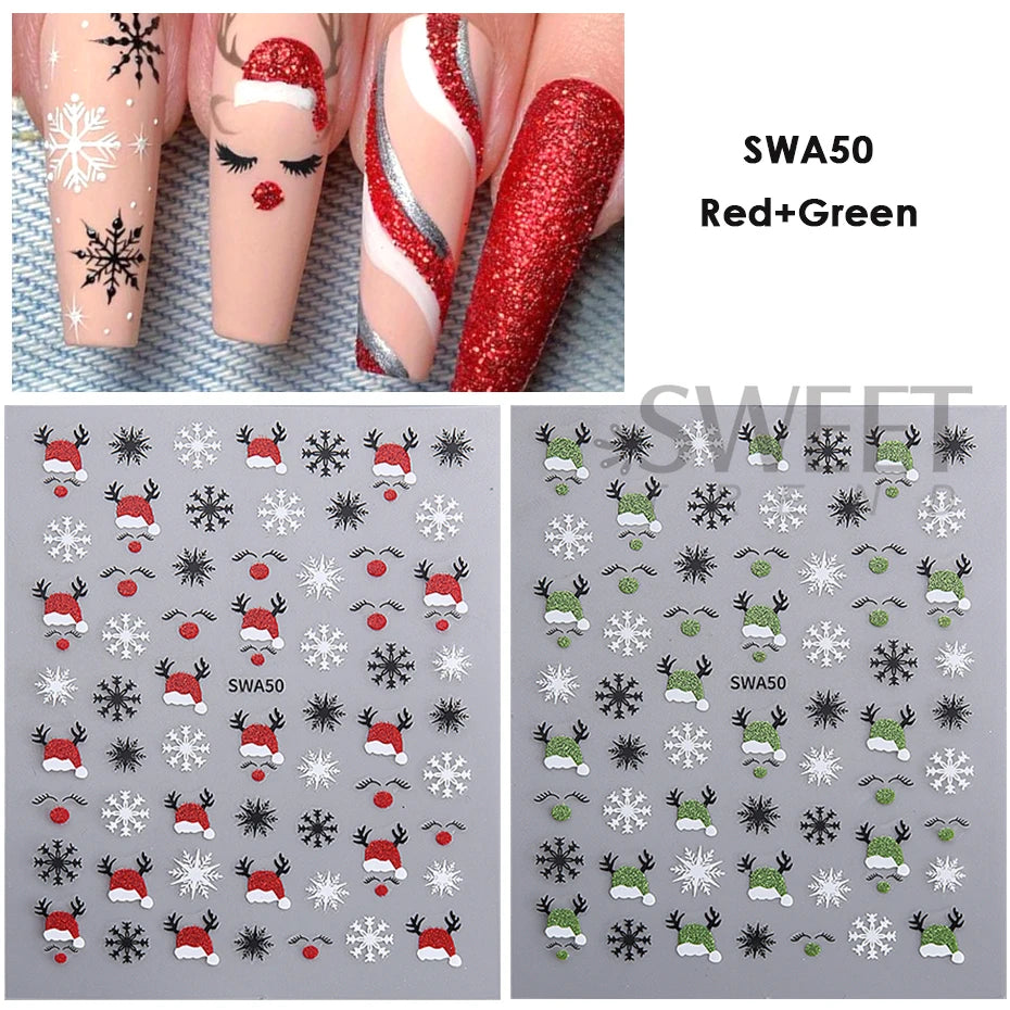 Christmas 3D Nail Art Stickers – Gold & Silver Glitter Decals